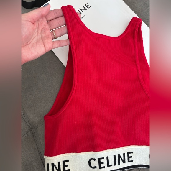 Celine Red Graphic Print Scoop Neck Crop Top Size S Logo Top - Picture 7 of 16